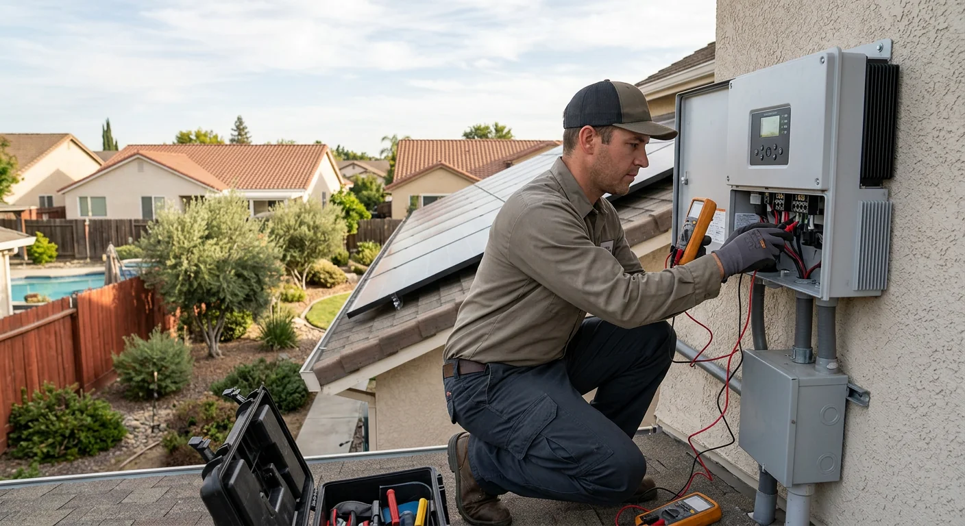 Technician inspecting inverter wiring and fault codes on a Modesto solar system